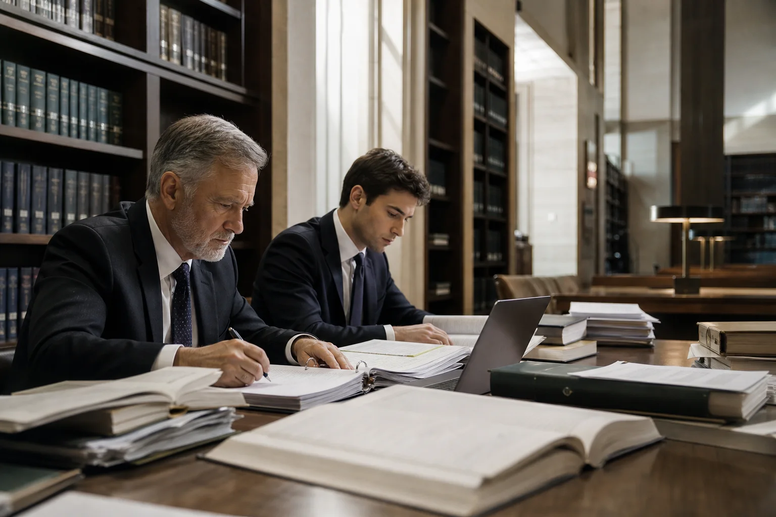 Lawyers researching together in a legal library