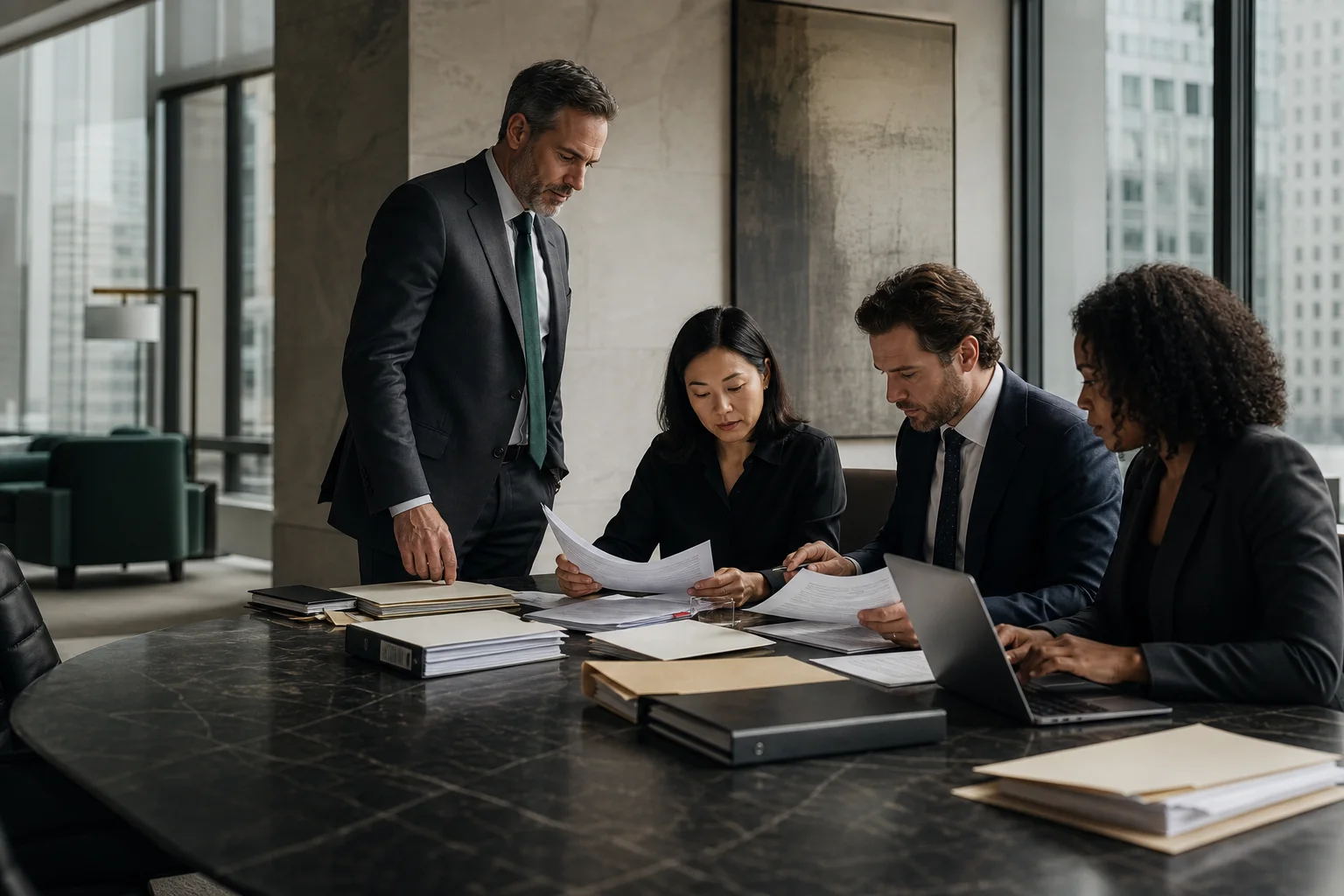 Legal team collaborating around a transaction table