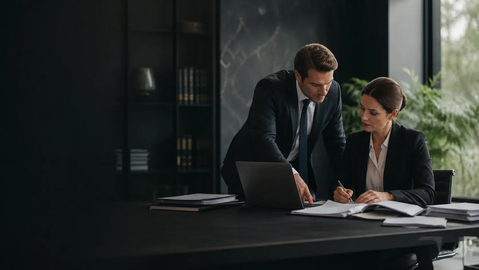 Two lawyers reviewing a matter file together at a desk