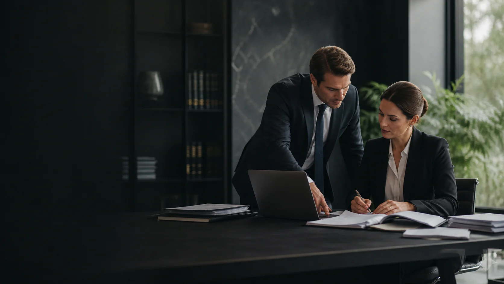 Two lawyers reviewing a matter file together at a desk